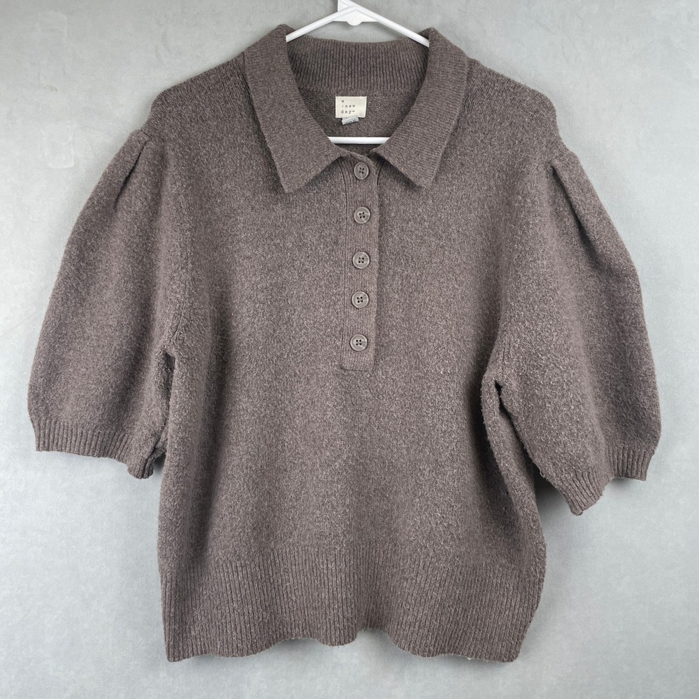A New Day Women XL Taupe Brown Puff SS Button Polo Knit Sweater Preppy Earthy